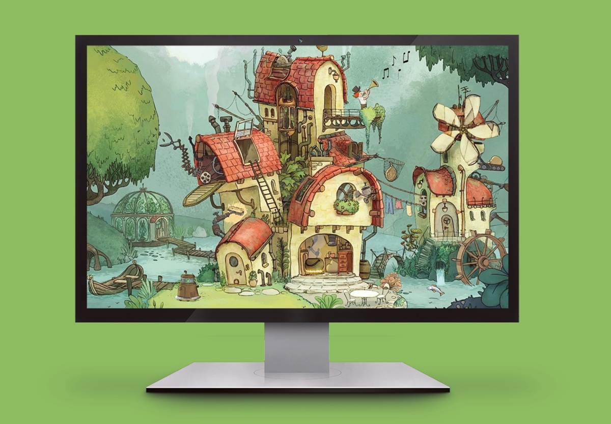 Whimsical hillside village with red-roof cottages, a windmill, and lush greenery around a small river, in a watercolor style