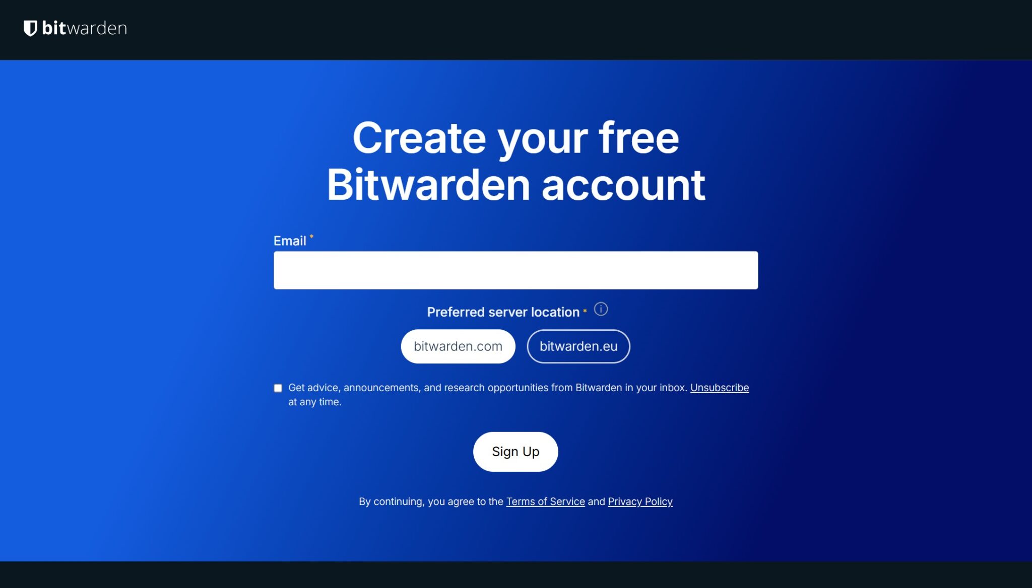 Bitwarden logo on dark header above a blue gradient signup hero with the text 'Create your free Bitwarden account' and an email input field.