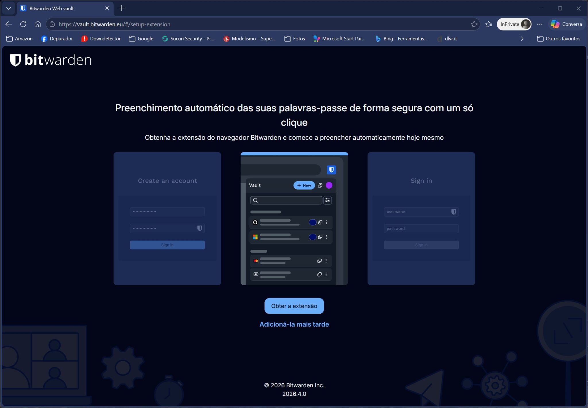 Ilustração da página Bitwarden mostrando preenchimento automático de senhas com um clique, destaque para a extensão do navegador (em português).