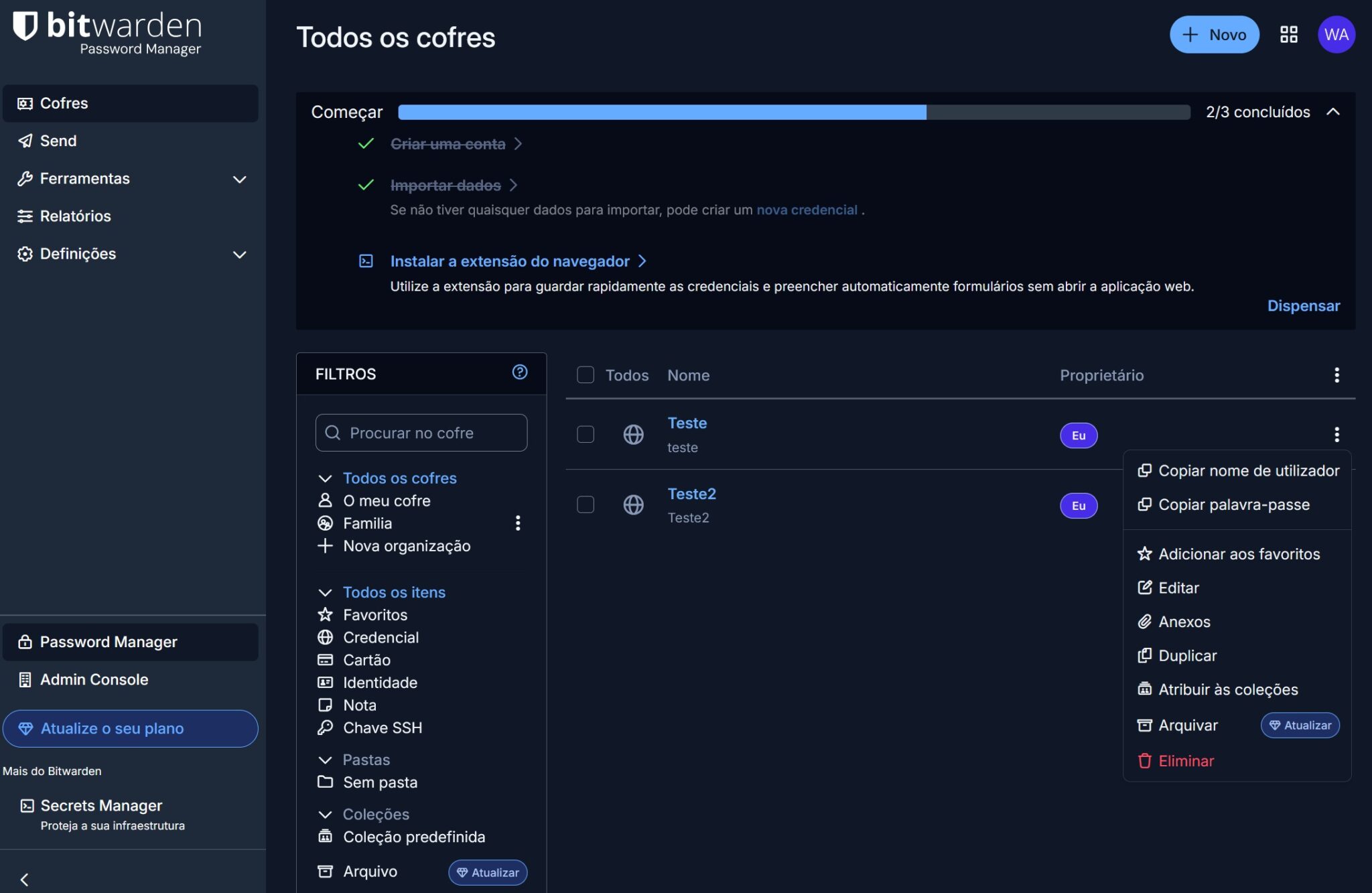 Dashboard Bitwarden em modo escuro: menu lateral com Cofres, Send e Ferramentas; título 'Todos os cofres' e barra de progresso no topo.