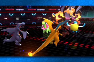 Three colorful dragons battle in a futuristic arena with glowing floor and neon lights.