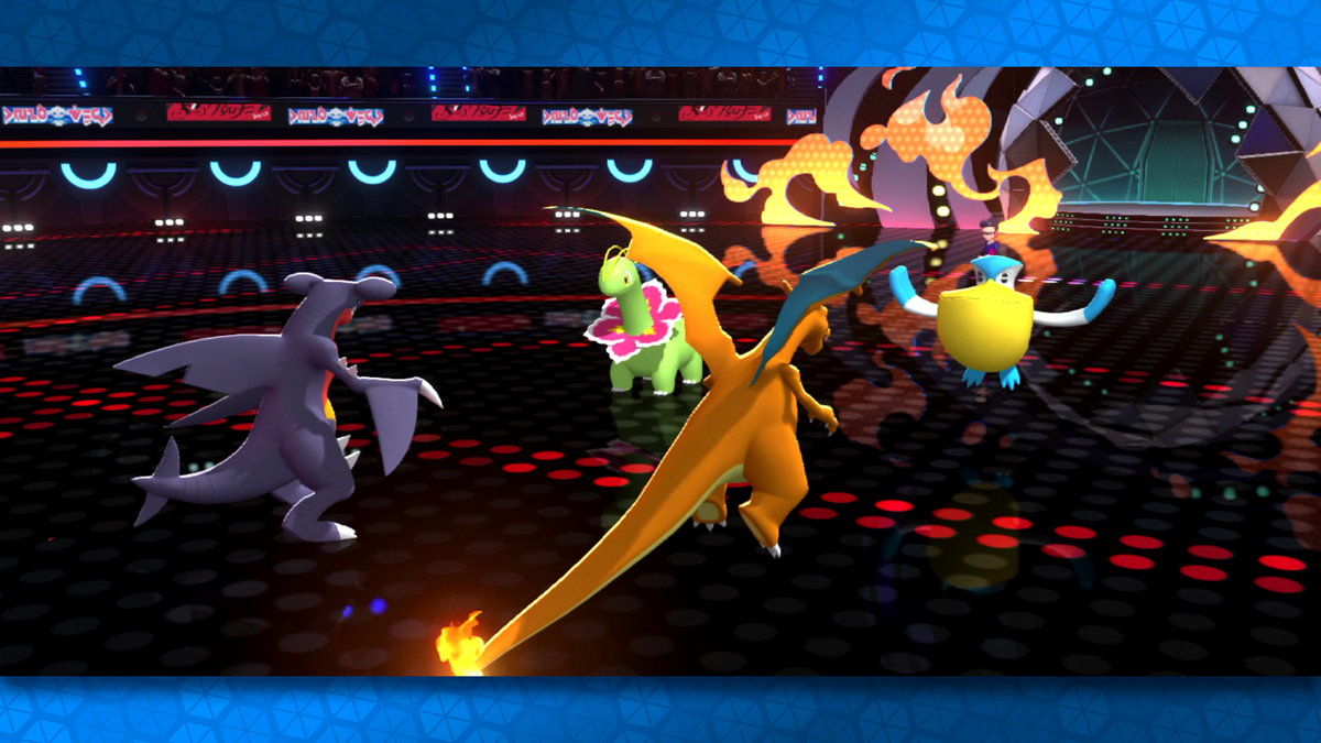 Three colorful dragons battle in a futuristic arena with glowing floor and neon lights.