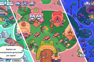 Three-panel colorful game map of a campsite: left bright beach, center green camp, right blue night area, with tents and animals.