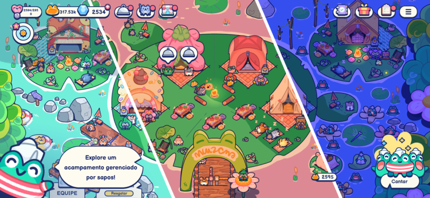 Three-panel colorful game map of a campsite: left bright beach, center green camp, right blue night area, with tents and animals.