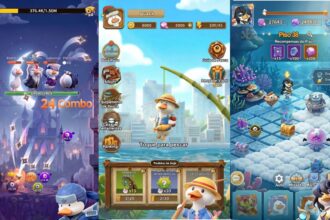 Triptych of a cheerful duck-fishing mobile game: left shows a 24 Combo with four ducks in a night city backdrop; middle is the fishing hub with a duck on a pole and menu icons; right shows an underwater treasure-filled level with a character and coral scenery.