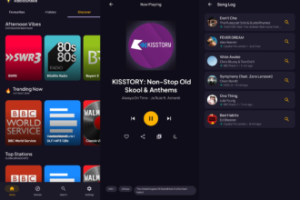 RadioShake app UI showing Discover grid, a Now Playing screen with KISSTORY artwork, and a Song Log list.