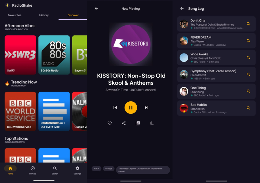 RadioShake app UI showing Discover grid, a Now Playing screen with KISSTORY artwork, and a Song Log list.