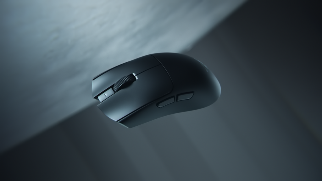 Black wireless computer mouse shown at an angle, with scroll wheel and side buttons, floating against a dark gradient background.
