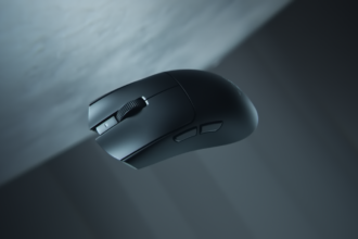 Black wireless computer mouse shown at an angle, with scroll wheel and side buttons, floating against a dark gradient background.