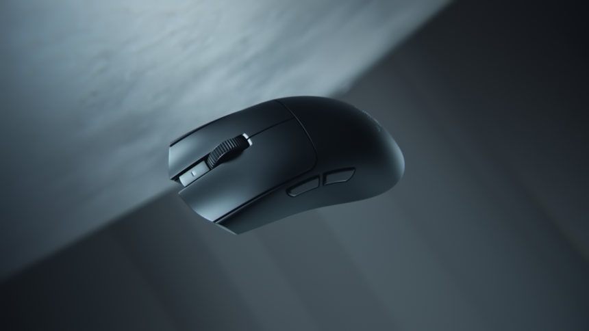 Black wireless computer mouse shown at an angle, with scroll wheel and side buttons, floating against a dark gradient background.