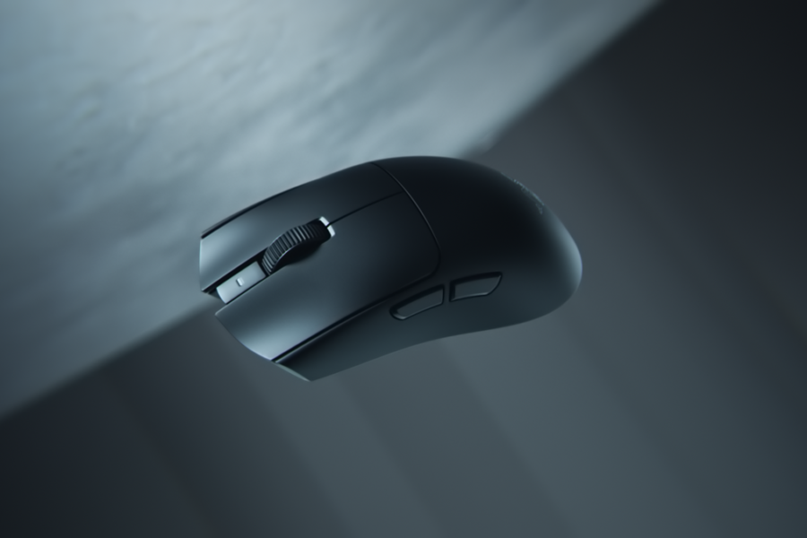 Black wireless computer mouse shown at an angle, with scroll wheel and side buttons, floating against a dark gradient background.