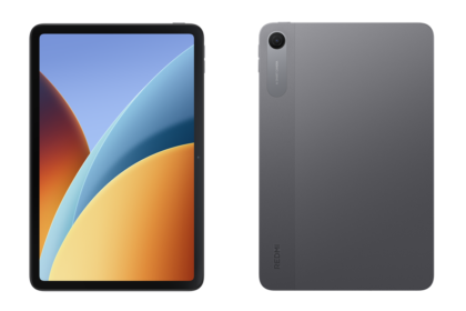 Front and back views of a tablet: front with colorful wallpaper and black bezel, rear in gray matte finish with a circular camera module in the corner, Redmi branding visible on the back.