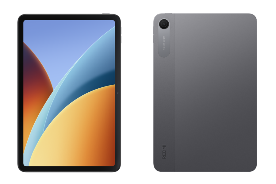 Front and back views of a tablet: front with colorful wallpaper and black bezel, rear in gray matte finish with a circular camera module in the corner, Redmi branding visible on the back.