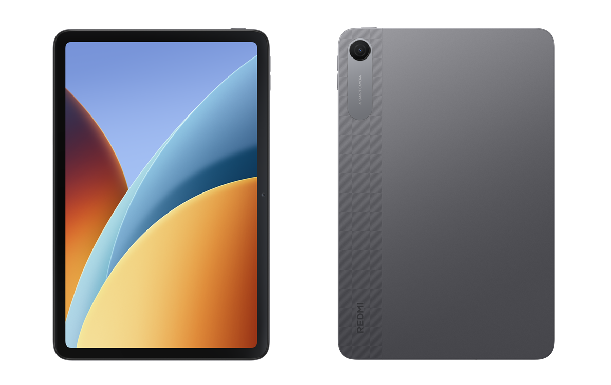 Front and back views of a tablet: front with colorful wallpaper and black bezel, rear in gray matte finish with a circular camera module in the corner, Redmi branding visible on the back.