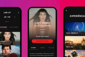 Mobile app mockup showing a dark 'LINE-UP' screen with artist cards (Katy Perry, Charlie Puth) for a festival lineup. Three screens: left shows schedule and cards, center highlights Katy Perry with 'Adicionar na agenda' button, right displays 'Experiências' with ride and exhibit thumbnails.