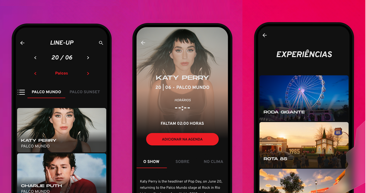 Mobile app mockup showing a dark 'LINE-UP' screen with artist cards (Katy Perry, Charlie Puth) for a festival lineup. Three screens: left shows schedule and cards, center highlights Katy Perry with 'Adicionar na agenda' button, right displays 'Experiências' with ride and exhibit thumbnails.