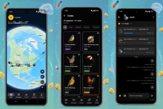 Three smartphones display app interfaces on a teal background: left shows a globe map with routes, middle shows a dark Codex grid of animal cards, right shows a chat/flight tracker screen.