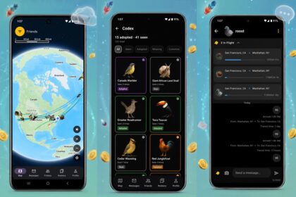 Three smartphones display app interfaces on a teal background: left shows a globe map with routes, middle shows a dark Codex grid of animal cards, right shows a chat/flight tracker screen.