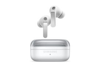Samsung white true-wireless earbuds with charging case, case closed and earbuds hovering above it