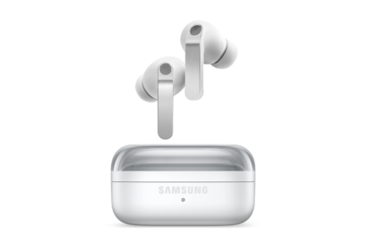 Samsung white true-wireless earbuds with charging case, case closed and earbuds hovering above it