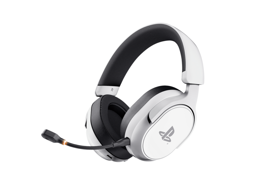 White over-ear gaming headset with PlayStation logo and attached microphone, black padded headband, angled for display.