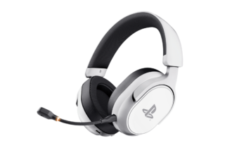 White over-ear gaming headset with PlayStation logo and attached microphone, black padded headband, angled for display.