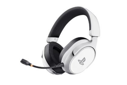 White over-ear gaming headset with PlayStation logo and attached microphone, black padded headband, angled for display.