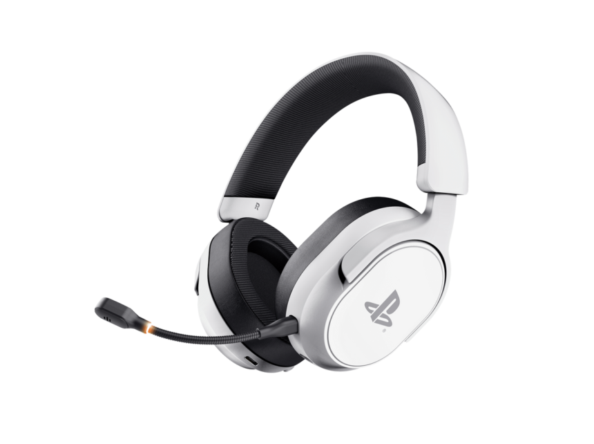 White over-ear gaming headset with PlayStation logo and attached microphone, black padded headband, angled for display.