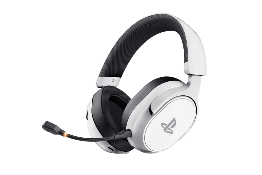 White over-ear gaming headset with PlayStation logo and attached microphone, black padded headband, angled for display.