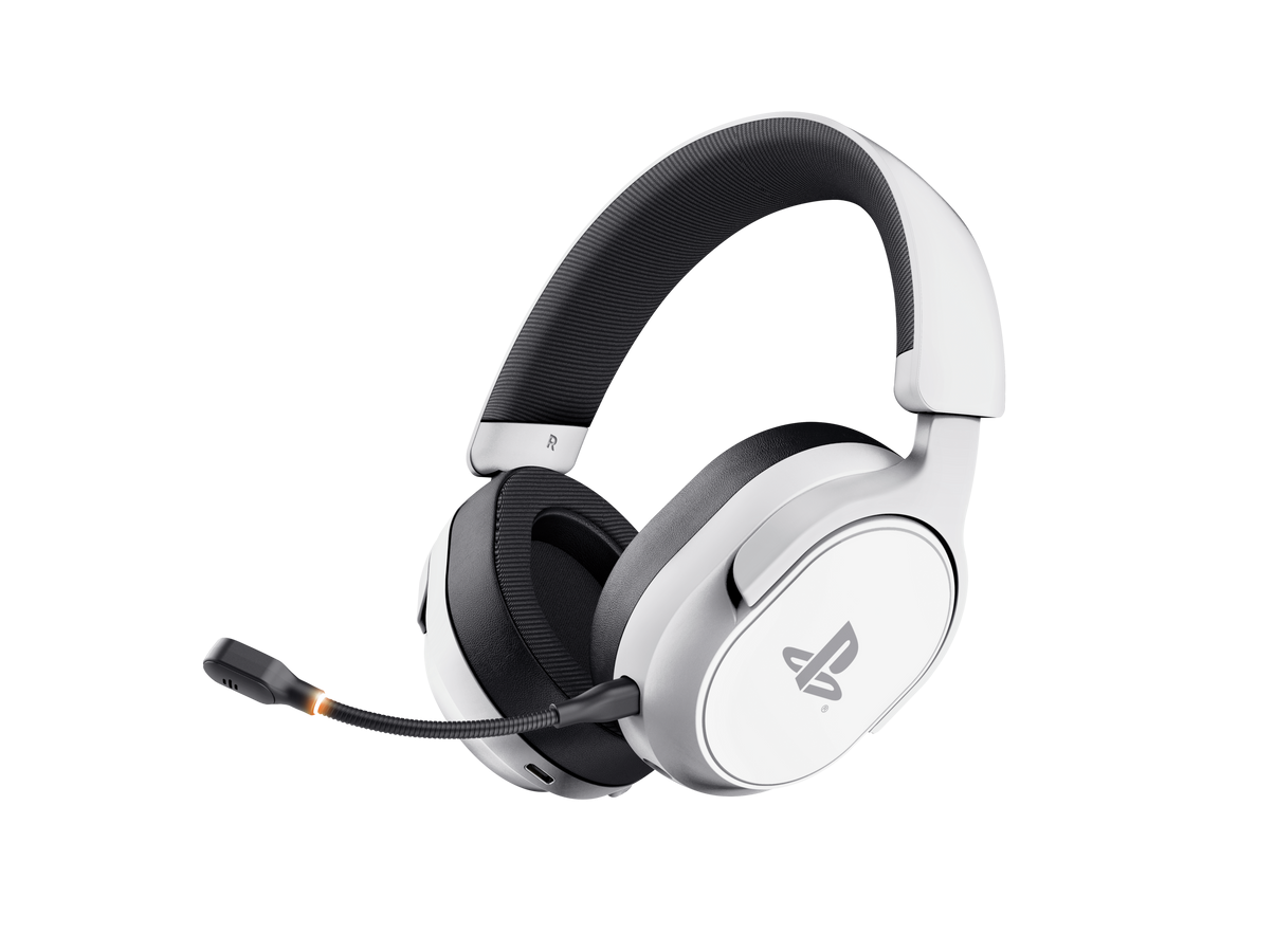 White over-ear gaming headset with PlayStation logo and attached microphone, black padded headband, angled for display.