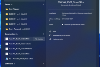 Windows Start menu with a highlighted Documents file: 'PCG 364_BOOT_Dicas Office' and left-side folders.