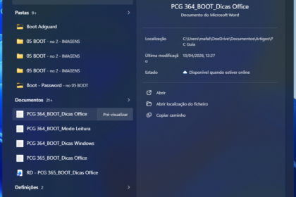 Windows Start menu with a highlighted Documents file: 'PCG 364_BOOT_Dicas Office' and left-side folders.