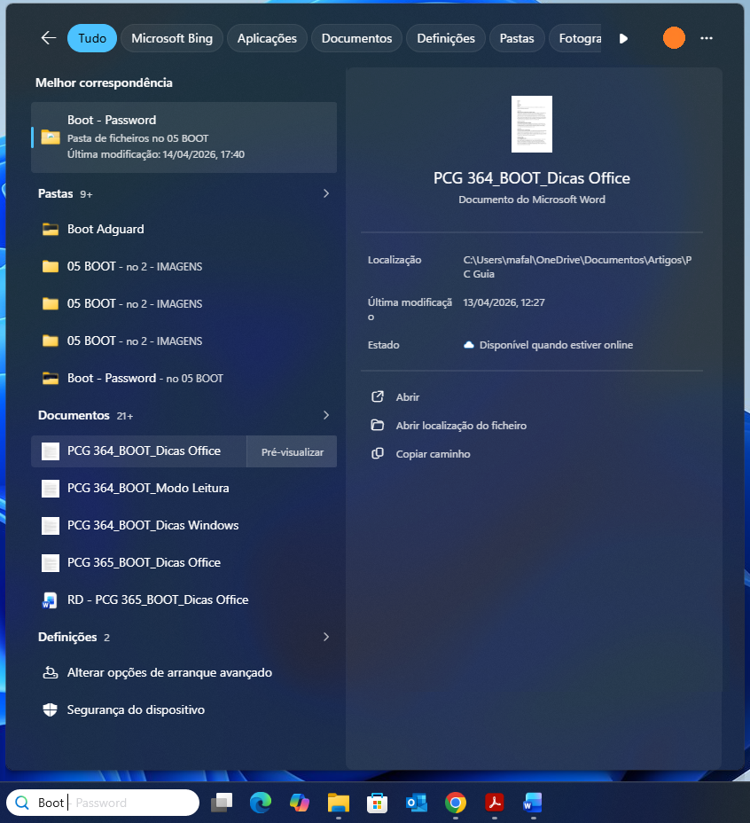 Windows Start menu with a highlighted Documents file: 'PCG 364_BOOT_Dicas Office' and left-side folders.