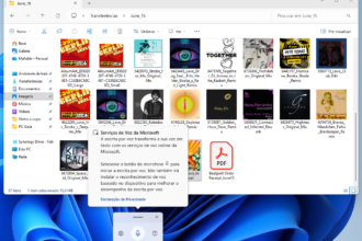 Windows File Explorer displaying a June_15 folder with many album-cover thumbnails and a PDF icon, overlaid by a Microsoft voice services privacy dialog.