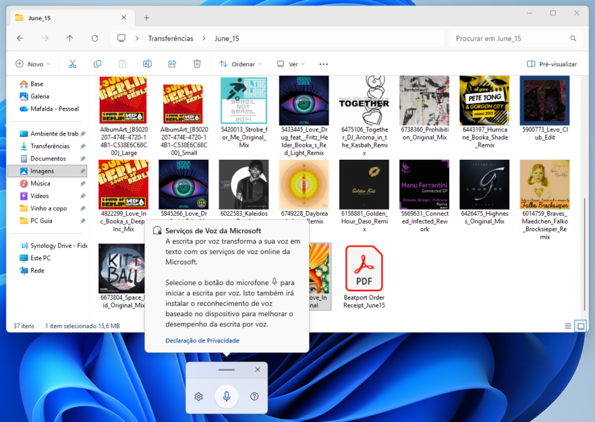 Windows File Explorer displaying a June_15 folder with many album-cover thumbnails and a PDF icon, overlaid by a Microsoft voice services privacy dialog.