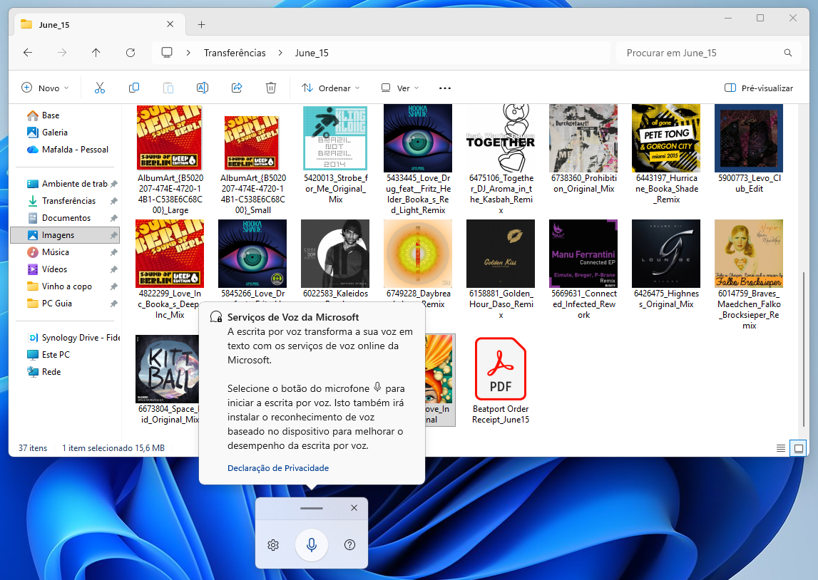 Windows File Explorer displaying a June_15 folder with many album-cover thumbnails and a PDF icon, overlaid by a Microsoft voice services privacy dialog.