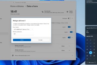 Janela de configurações de data e hora com a opção 'Relógio adicional 1' e campos de fuso horário e nome do relógio (PST)