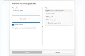 Diálogo 'Adicionar novo remapeamento' para teclado: acionador 'Tecla ou atalho' com Shift esquerdo + G; opção 'Permitir acordes' marcada; ação 'Remapear para tecla ou atalho' selecionada; botões 'Guardar' e 'Cancelar' na base da janela.
