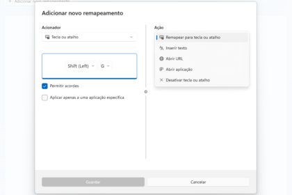 Diálogo 'Adicionar novo remapeamento' para teclado: acionador 'Tecla ou atalho' com Shift esquerdo + G; opção 'Permitir acordes' marcada; ação 'Remapear para tecla ou atalho' selecionada; botões 'Guardar' e 'Cancelar' na base da janela.