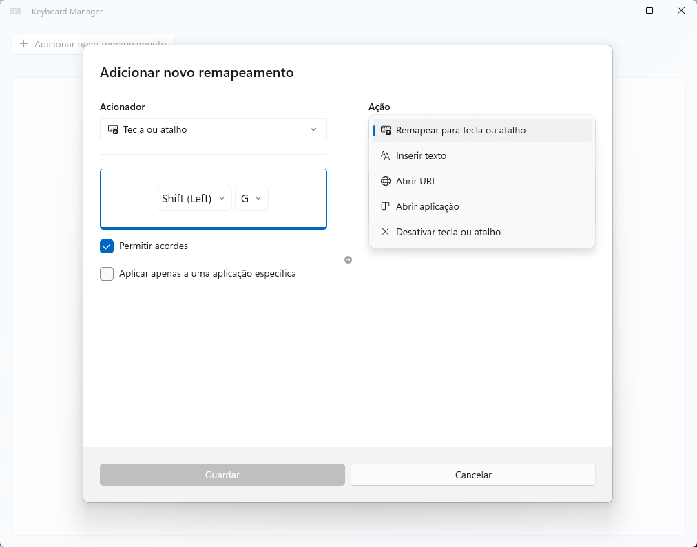 Diálogo 'Adicionar novo remapeamento' para teclado: acionador 'Tecla ou atalho' com Shift esquerdo + G; opção 'Permitir acordes' marcada; ação 'Remapear para tecla ou atalho' selecionada; botões 'Guardar' e 'Cancelar' na base da janela.