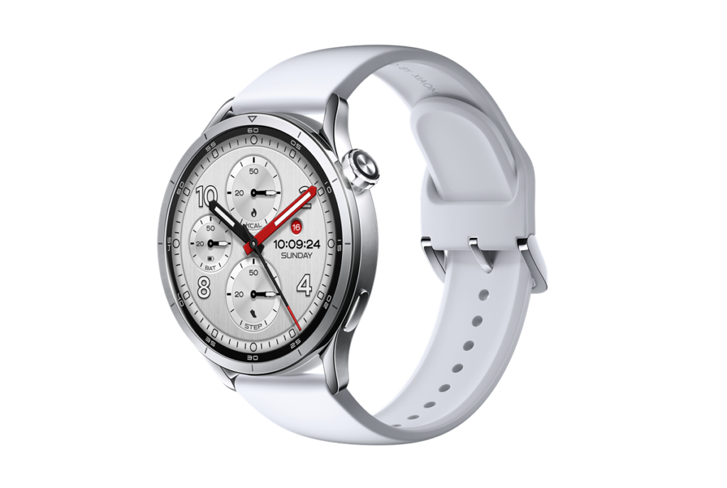 Silver smartwatch with a white silicone band and circular multi-dial face on a black background (informational product image).