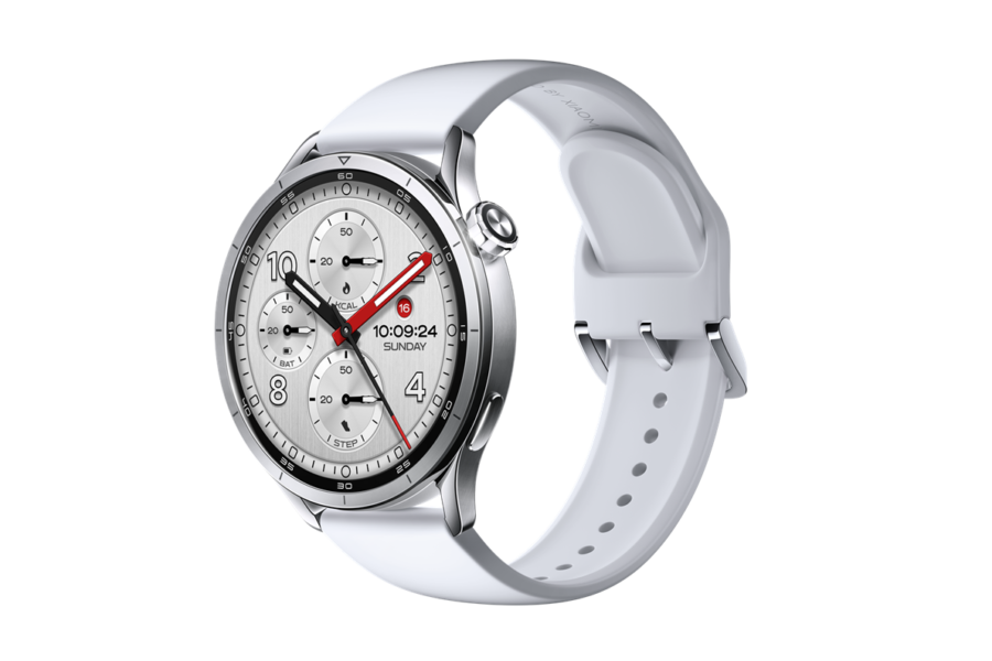 Silver smartwatch with a white silicone band and circular multi-dial face on a black background (informational product image).