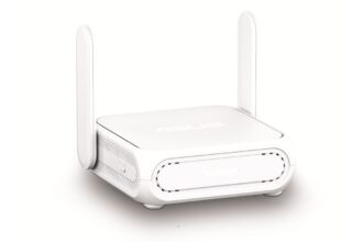 ASUS white wireless router with two vertical antennas on a white background.
