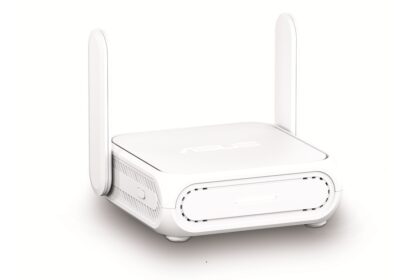 ASUS white wireless router with two vertical antennas on a white background.