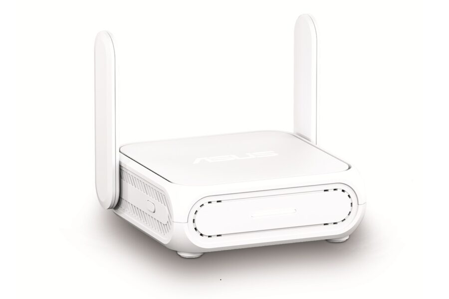ASUS white wireless router with two vertical antennas on a white background.