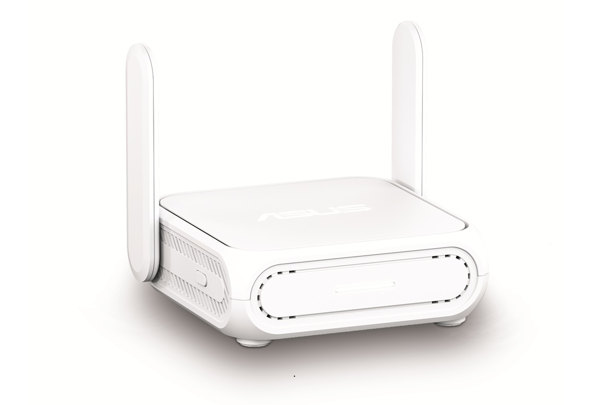 ASUS white wireless router with two vertical antennas on a white background.