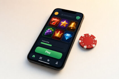 Smartphone screen showing a casino game app with colorful icons and a green Play button beside a red poker chip on the table