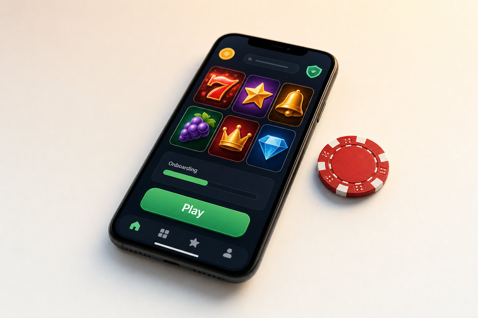 Smartphone screen showing a casino game app with colorful icons and a green Play button beside a red poker chip on the table