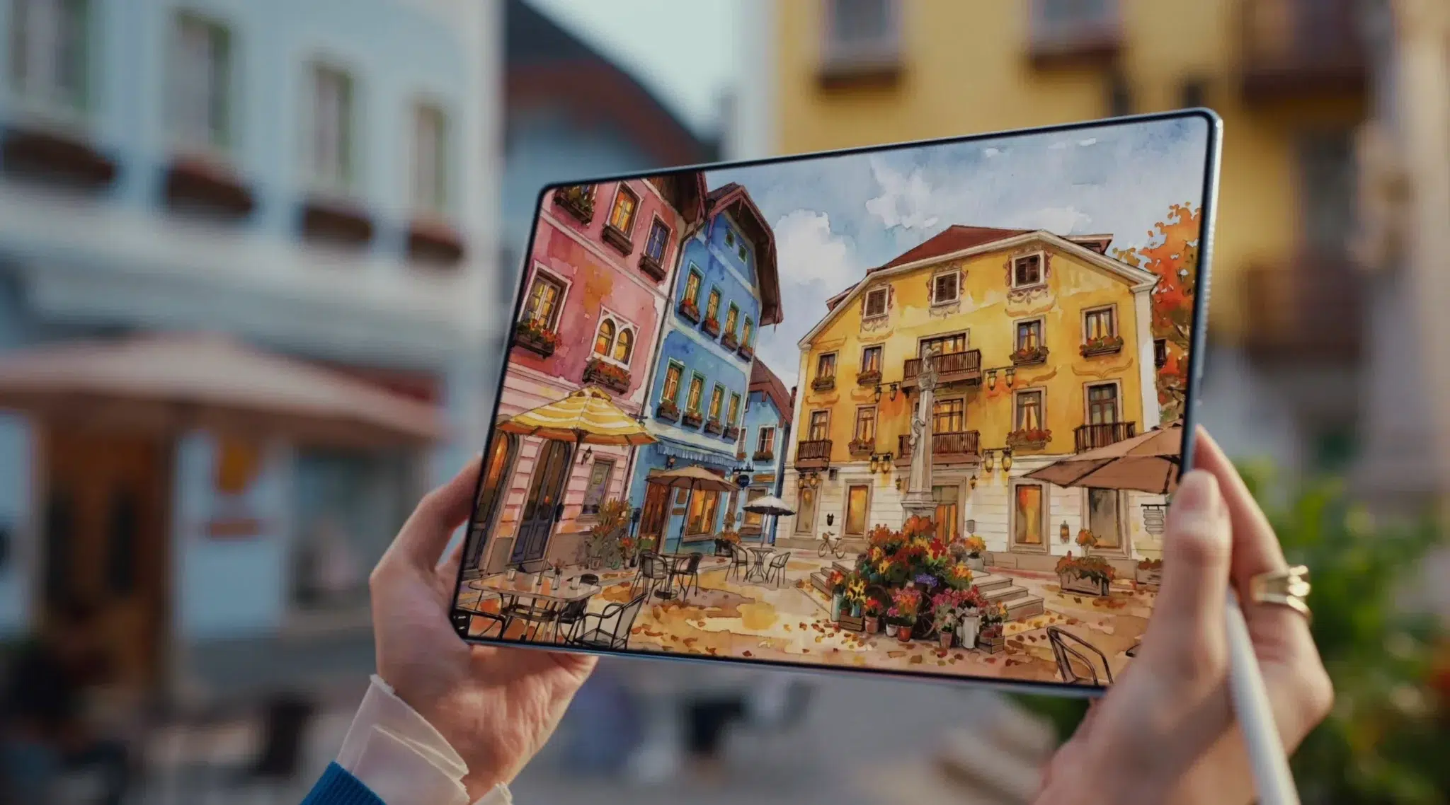 huawei-matepad-pro-13-2-card-gopaint-2x | PCGuia Person holds a tablet displaying a colorful watercolor street scene with yellow and pink buildings and outdoor cafe seating