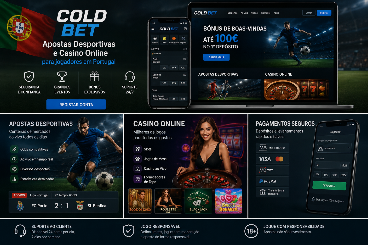 Promotional banner for Cold Bet (Portugal) showing flag, logo, slogan and devices displaying betting apps.